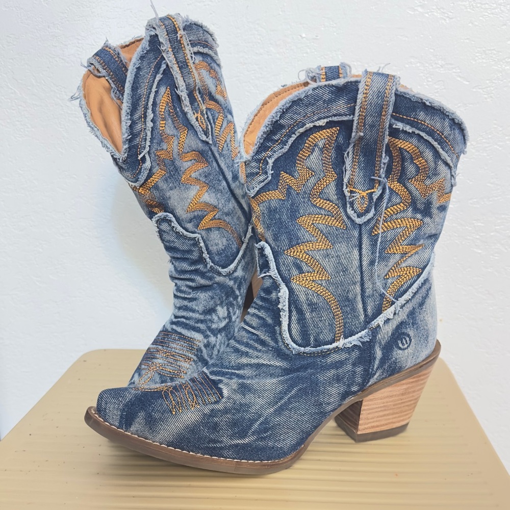 Like New blue denim distressed cowboy boots barely used - worn 2 or 3 times!